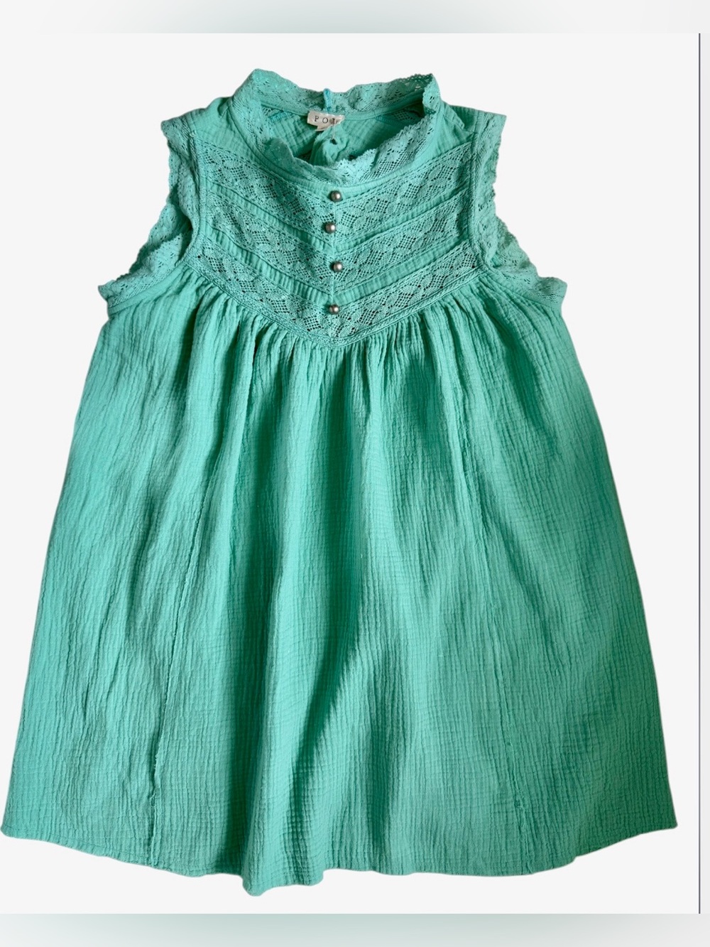 New POL Crinkle Gauze Lace Chevron Babydoll Tunic Top Mint Green Sleeveless S